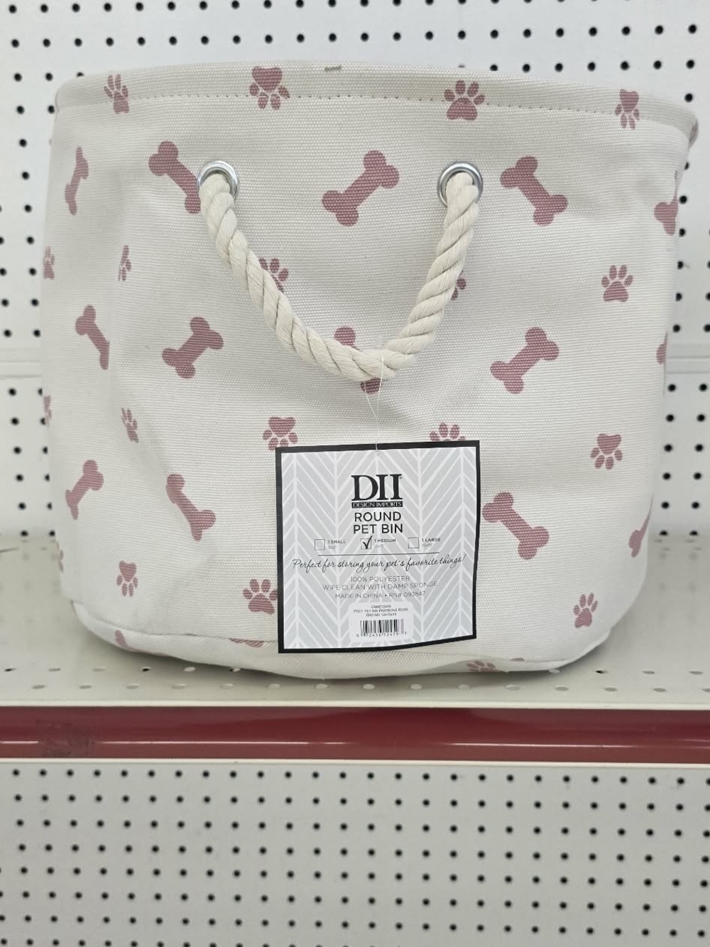 NWT-DII Pink Bone & Paw Canvas Pet Bin with Rope Handles